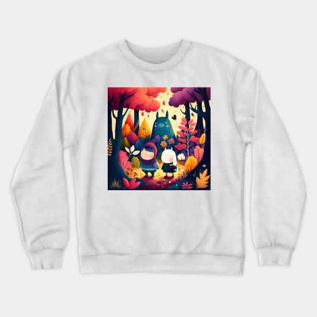 Colorful Scandinavian Forest Children and Creatures Crewneck Sweatshirt by peachycrossing